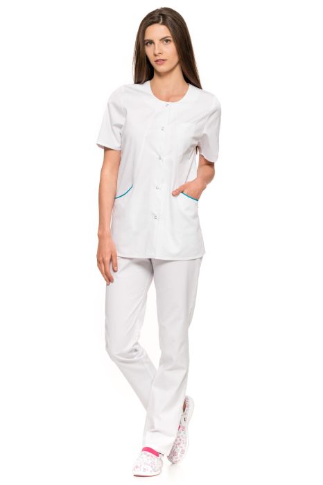 Żakiet medyczny Teresita – fason w linii „A” z kontrastową wypustką, asymetryczną kieszenią i luźnym krojem zapewniającym wygodę.