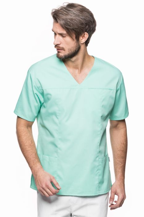 Bluza medyczna męska Robert – wkładana przez głowę, z dekoltem w serek, trzema kieszeniami i rozcięciami w bocznych szwach.