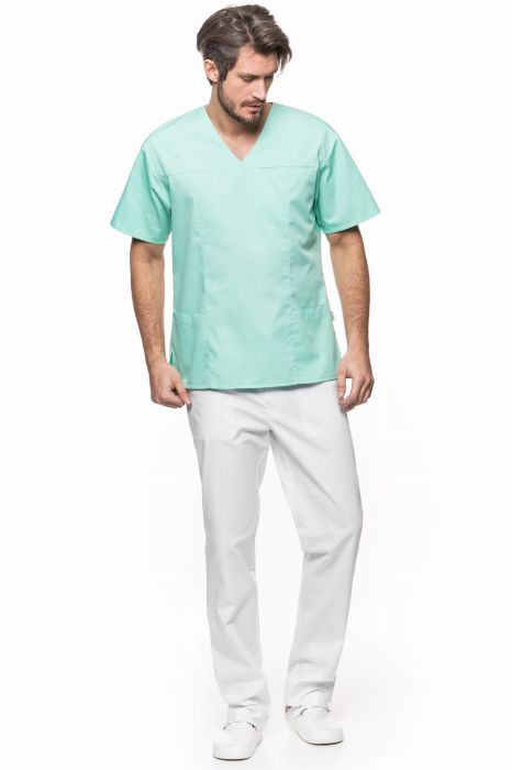 Bluza medyczna męska Robert – wkładana przez głowę, z dekoltem w serek, trzema kieszeniami i rozcięciami w bocznych szwach.