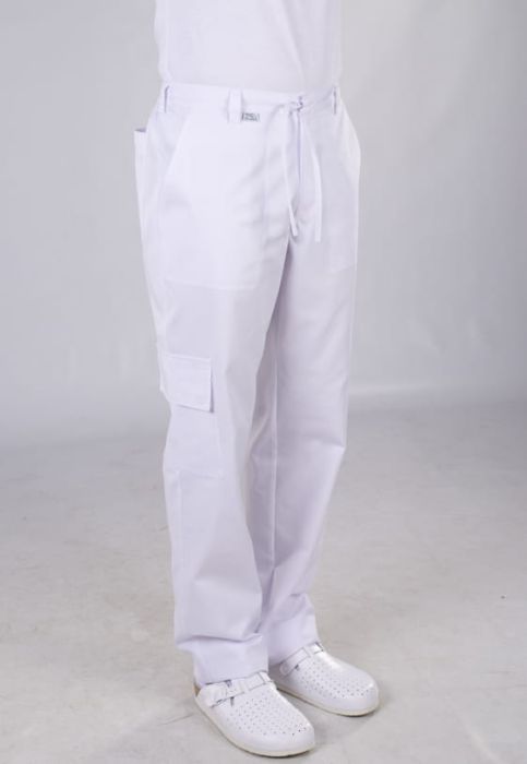 Spodnie medyczne męskie bojówki – praktyczne spodnie z wieloma kieszeniami, gumką w pasie, trokiem i zapięciem na suwak.