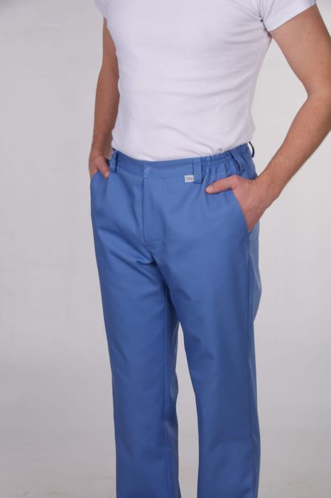 Spodnie medyczne męskie 02 – prosty fason z gumkami w pasie, zapięciem na suwak i dwiema wpuszczanymi kieszeniami.