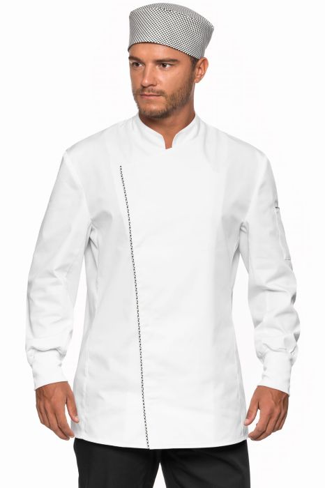 Bluza gastronomiczna Dawid – elegancka bluza kucharska ze stójką, kontrafałdą z tyłu, kieszonką na ramieniu i ozdobną wypustką.