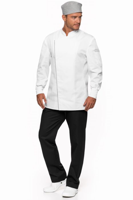 Bluza gastronomiczna Dawid – elegancka bluza kucharska ze stójką, kontrafałdą z tyłu, kieszonką na ramieniu i ozdobną wypustką.