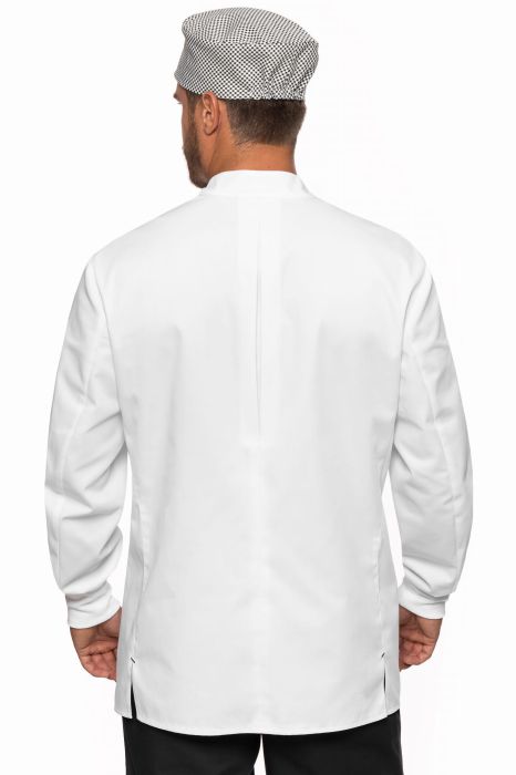 Bluza gastronomiczna Dawid – elegancka bluza kucharska ze stójką, kontrafałdą z tyłu, kieszonką na ramieniu i ozdobną wypustką.