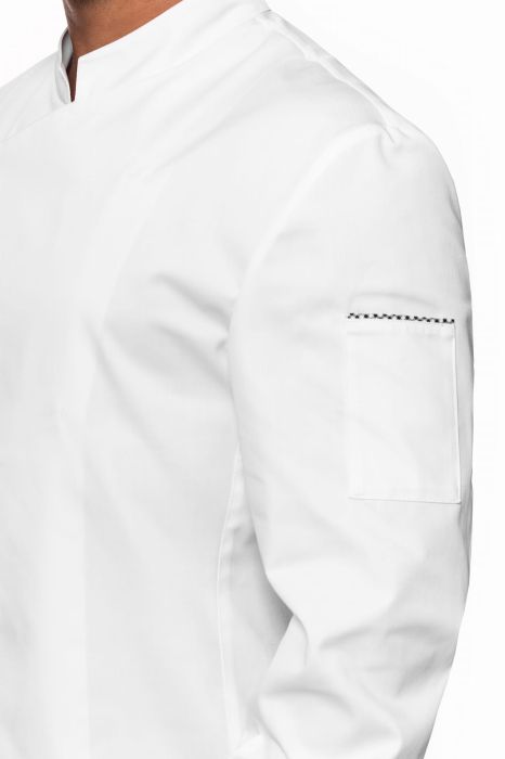 Bluza gastronomiczna Dawid – elegancka bluza kucharska ze stójką, kontrafałdą z tyłu, kieszonką na ramieniu i ozdobną wypustką.