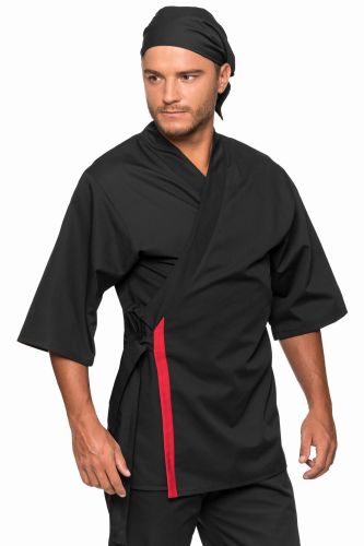Czarna bluza gastronomiczna dla Sushi Mastera o kroju kimono z czerwoną wypustką i rękawem 3/4.