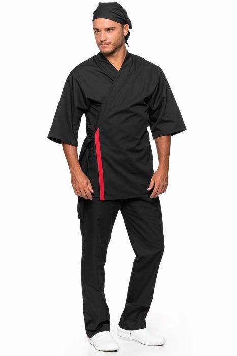 Czarna bluza gastronomiczna dla Sushi Mastera o kroju kimono z czerwoną wypustką i rękawem 3/4.
