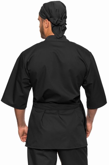 Czarna bluza gastronomiczna dla Sushi Mastera o kroju kimono z czerwoną wypustką i rękawem 3/4.