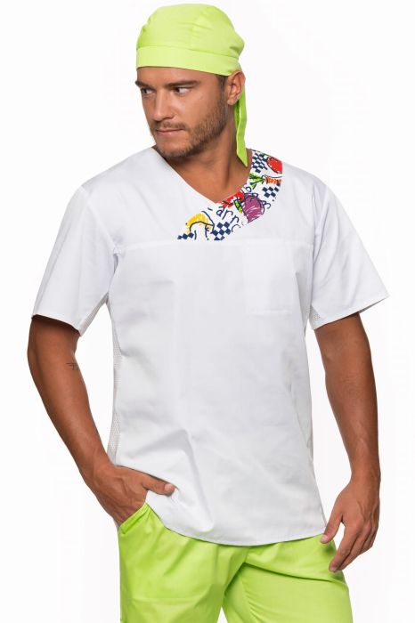 Bluza kucharska Janek – przewiewna bluza z krótkim rękawem, bocznymi wstawkami i ozdobnym karczkiem.