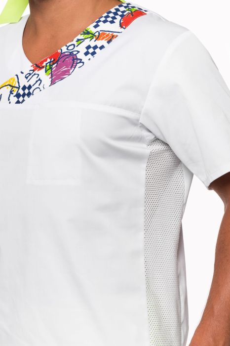 Bluza kucharska Janek – przewiewna bluza z krótkim rękawem, bocznymi wstawkami i ozdobnym karczkiem.