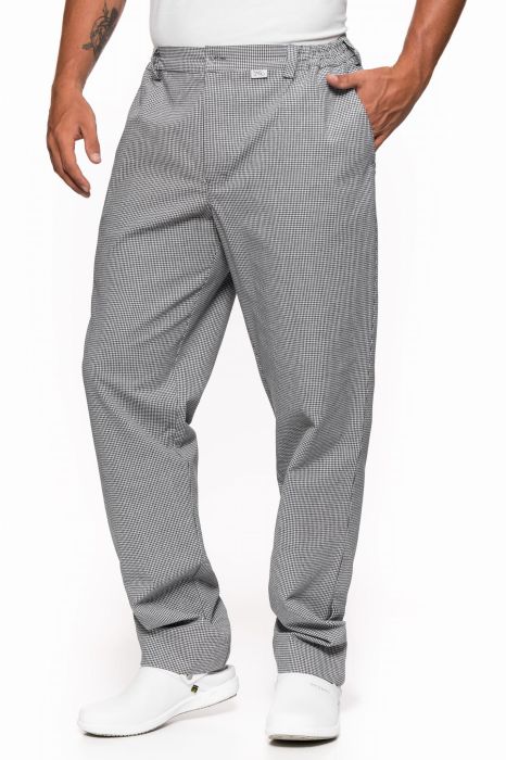 Spodnie gastronomiczne klasyczne – długie spodnie z prostym krojem, kieszeniami, szlufkami i gumkami w pasie.