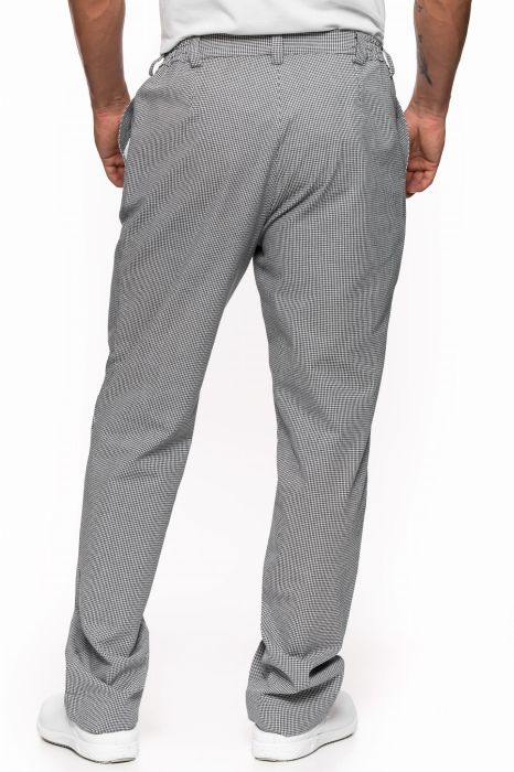 Spodnie gastronomiczne klasyczne – długie spodnie z prostym krojem, kieszeniami, szlufkami i gumkami w pasie.