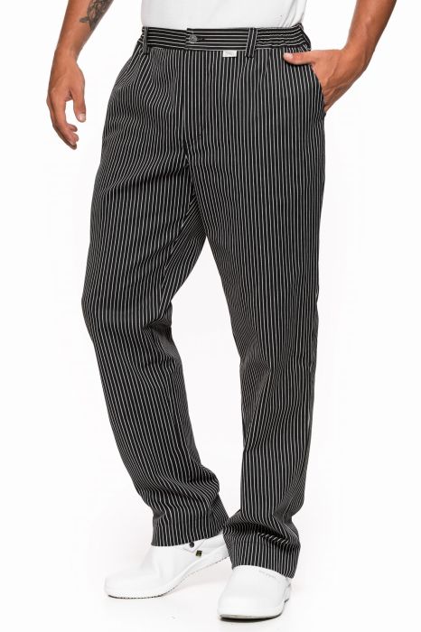 Spodnie gastronomiczne klasyczne – długie spodnie z prostym krojem, kieszeniami, szlufkami i gumkami w pasie.