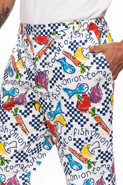 Spodnie gastronomiczne klasyczne – długie spodnie z prostym krojem, kieszeniami, szlufkami i gumkami w pasie.