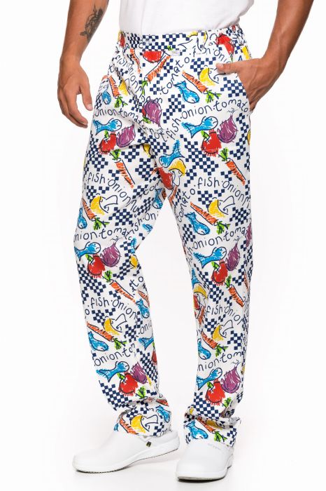 Spodnie gastronomiczne klasyczne – długie spodnie z prostym krojem, kieszeniami, szlufkami i gumkami w pasie.