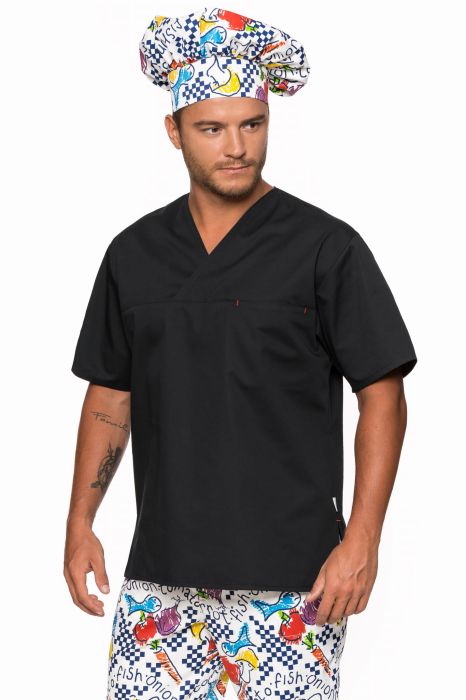 Bluza gastronomiczna Karol – model wkładany przez głowę z wpuszczaną kieszonką i bocznymi rozporkami.