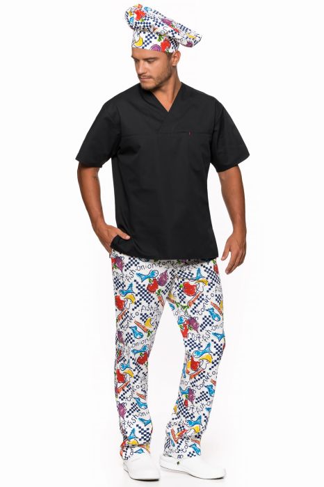 Bluza gastronomiczna Karol – model wkładany przez głowę z wpuszczaną kieszonką i bocznymi rozporkami.