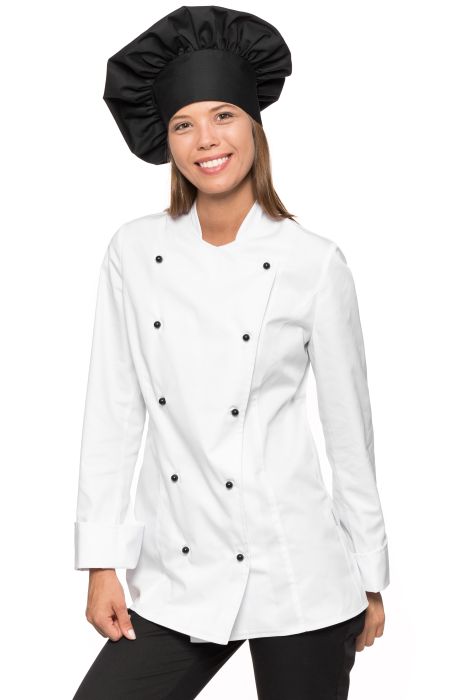 Bluza gastronomiczna damska Aneta biała dwurzędowa z haftem logo.