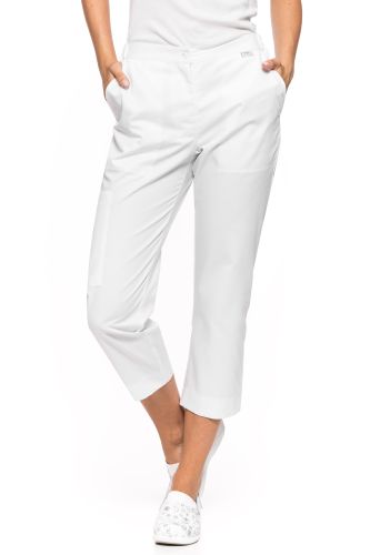 Białe spodnie kucharskie 7/8 bermudy z regulacją w pasie.