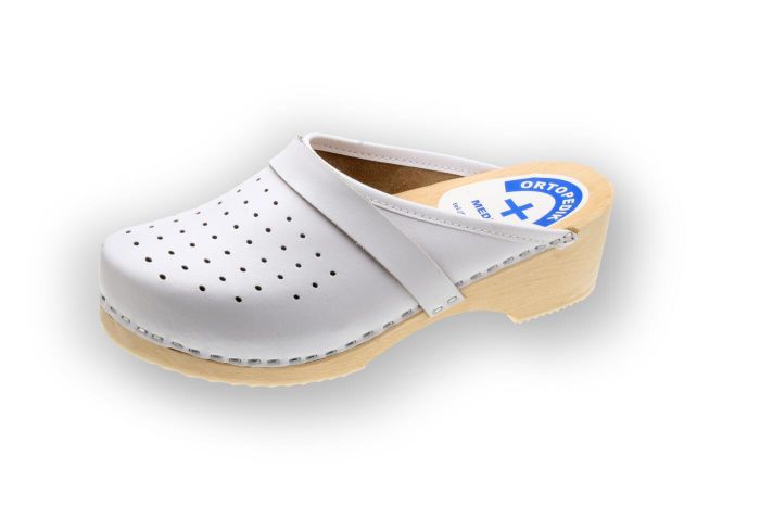 Chodaki Zdrowotne Medyczne – Białe Drewniaki Skórzane z Profilem Ortopedycznym